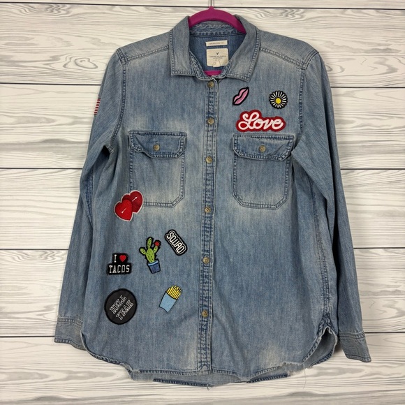 American Eagle Outfitters Tops - American Eagle Vintage Patchwork Denim Long Sleeve Button Down Shirt Medium